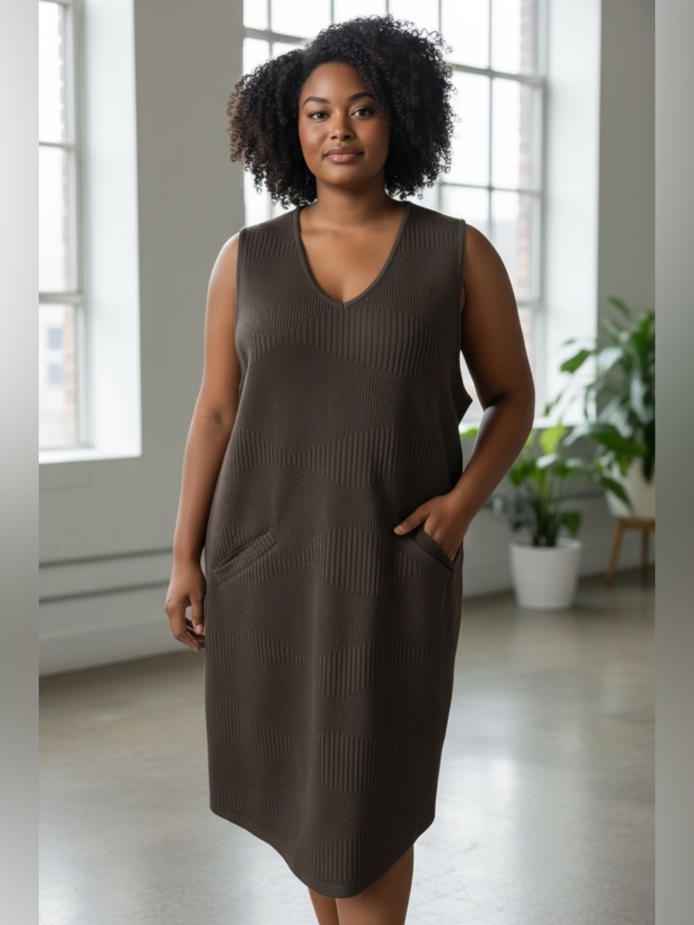 V-Neck Knit Shift Dress with Front Pockets